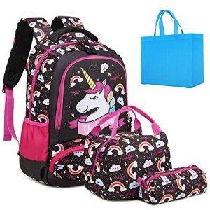 Girls School Backpack Unicorn Backpack for Girls Elementary School Bookbags for Kids Water Resistant School Bag with Lunch Tote Bag Pencil Purse Bag 3 in 1 Sets